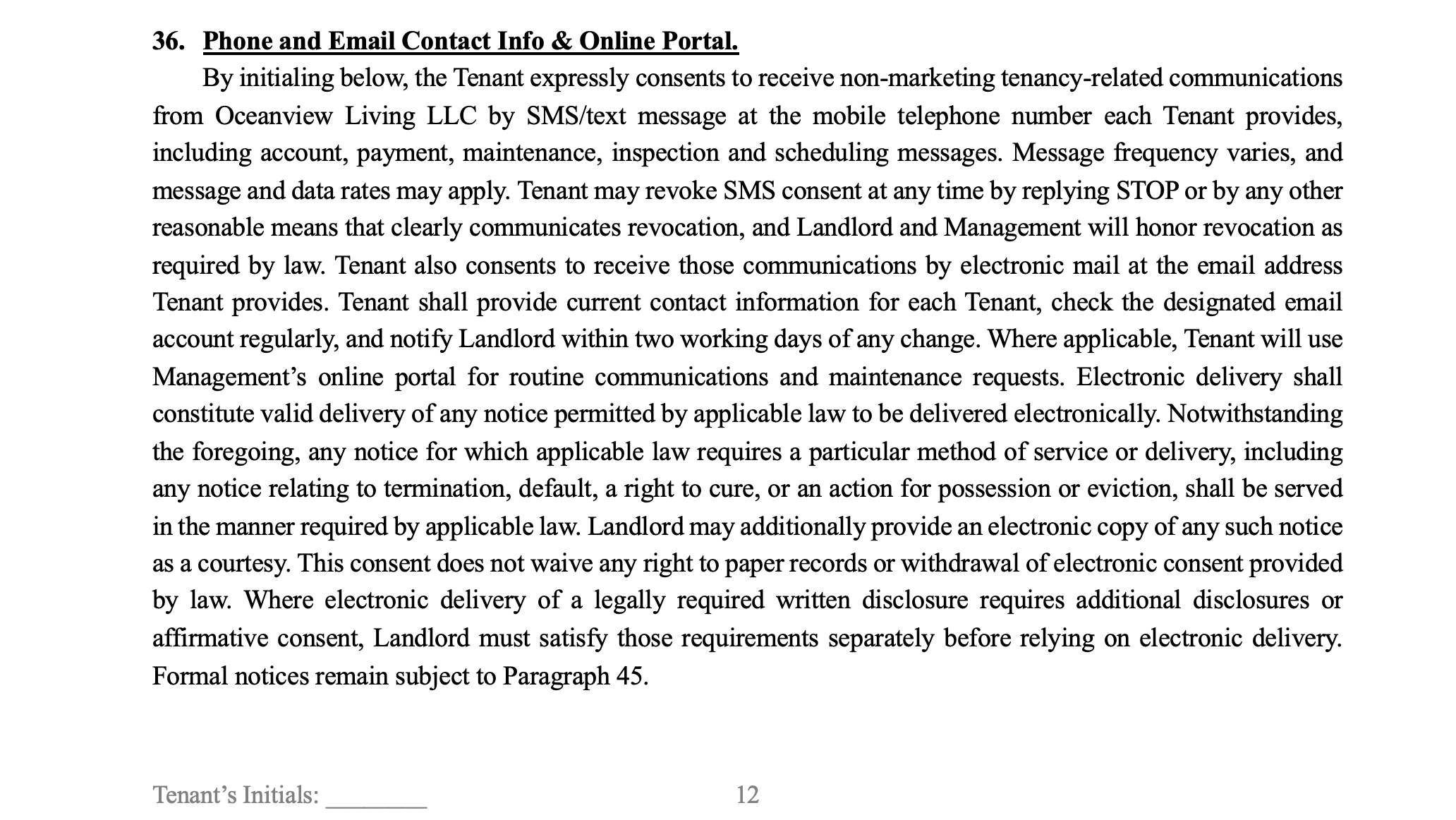 The SMS consent provision as printed in the Oceanview Living lease, with the tenant initials line