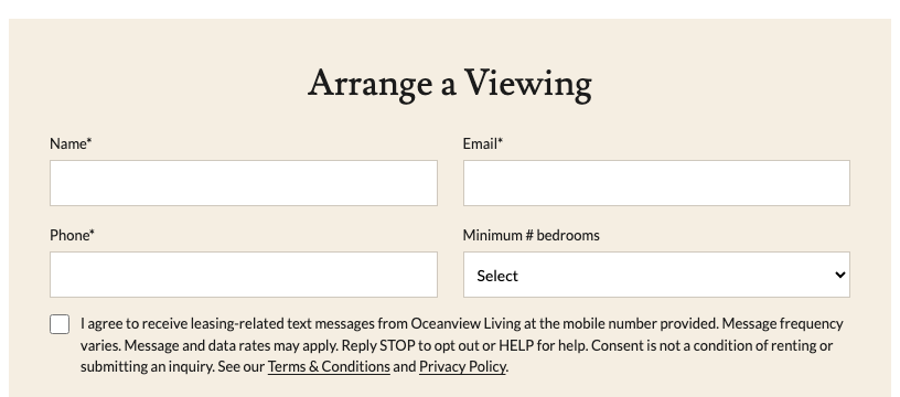 The Arrange a Viewing form with the SMS consent checkbox, unchecked, beneath the Phone field